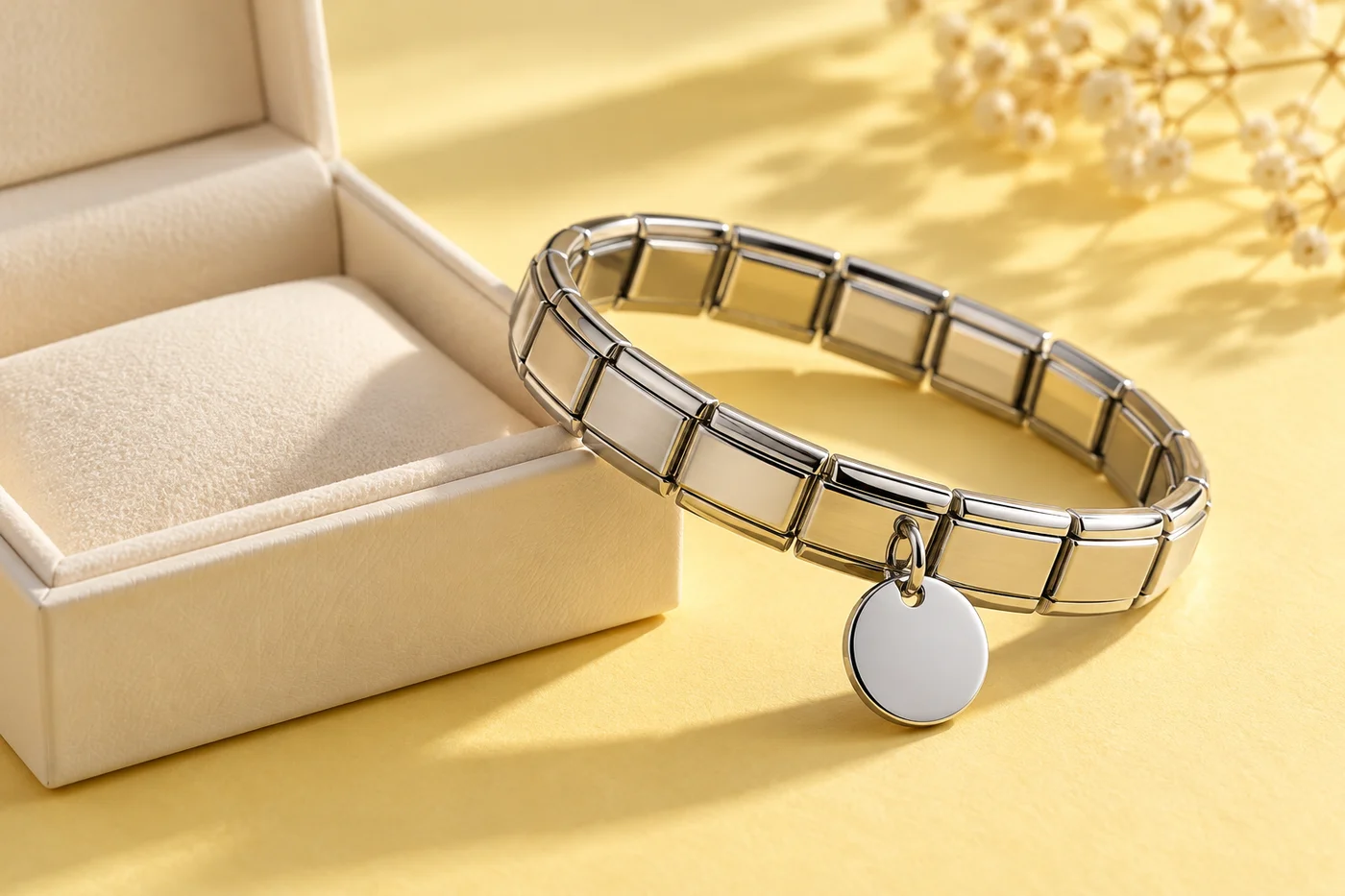 Composición ilustrativa de brazalete, pieza para grabar y caja de regalo